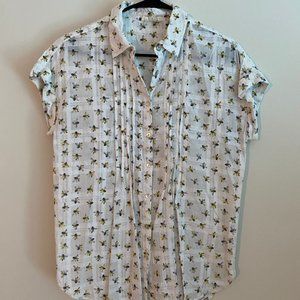 White Short Sleeve Button Down Shirt With Bees Pattern Size Small